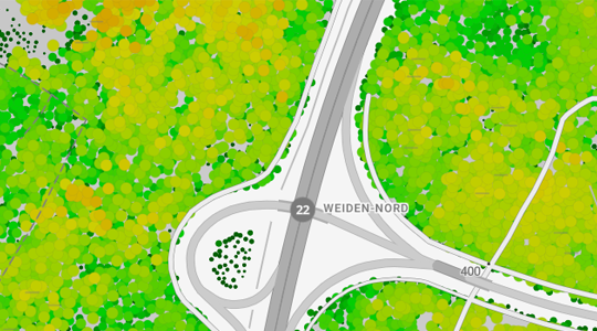 Kartenausschnitt des Webkarten Vektor Baumstils von der Autobahnanschlussstelle "Weiden-Nord"